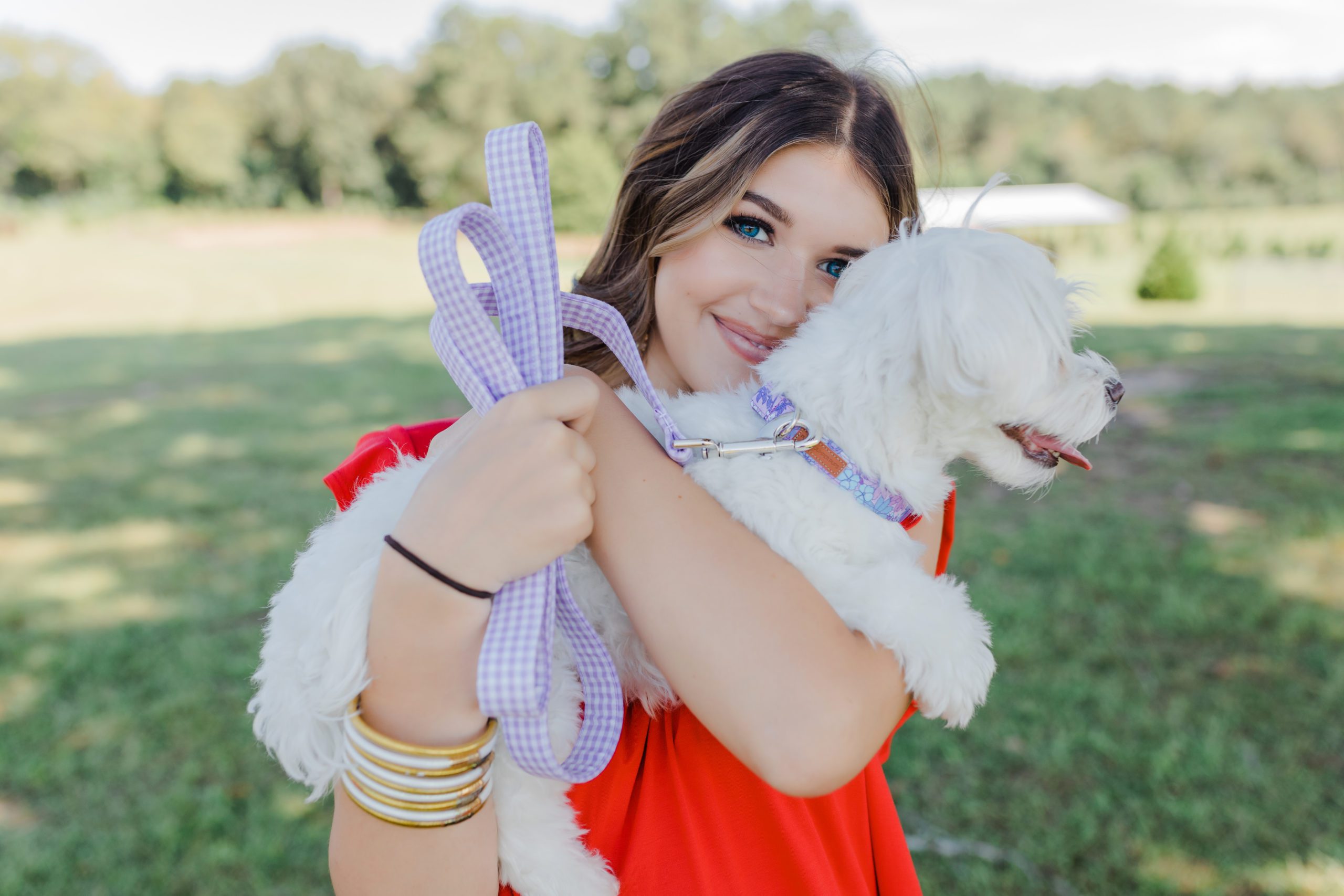 brand photography young girl in a red dress holding a white dog while it wears a colorful collar and lilac leash